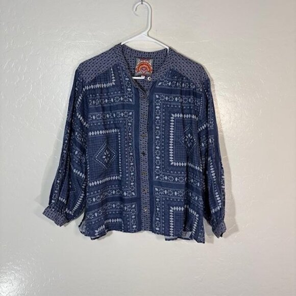 Johnny Was Shirt Womens Small Blue Linen Button Up Tunic Geometric 3/4 Sleeve - Picture 1 of 7